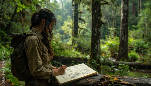 Woman reading book outdoors in serene forest setting.