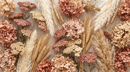 seamless pattern with dry hydrangea flowers pampas grass and wheat ears on linen fabric background