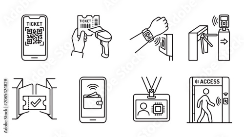 Smartphone with QR code ticket and hand holding ticket with wristband and access control system in line style for event management