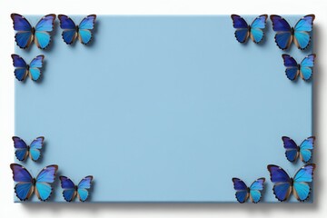 Blue butterflies arranged on light blue canvas corners. Minimalist art composition offers calm, elegant, and airy feel. Space for text great for spring themes or delicate designs.
