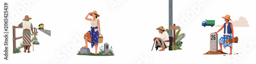 Obraz na plátne Flat vector illustration set of Indonesian rural villagers in traditional batik clothing, featuring elderly people, a woman with a basket, and a woodcutter