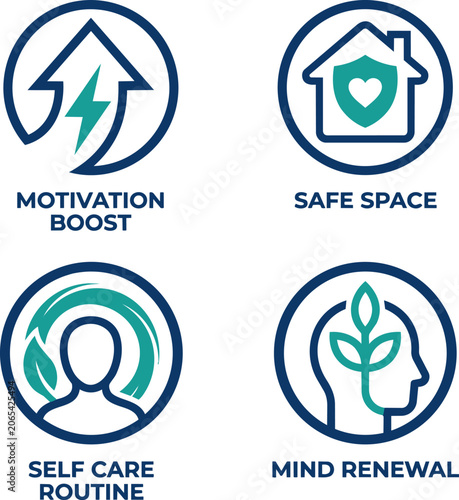 Set of mental health and wellness icons, including motivation boost, safe space, self care routine, and mind renewal
