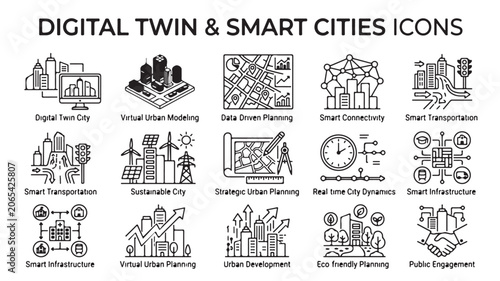 Digital twin smart city icons set in line style for urban planning