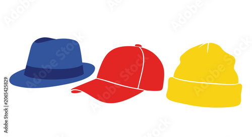 Cuadro en lienzo Three colorful hats: blue fedora, red baseball cap, yellow beanie, isolated on w