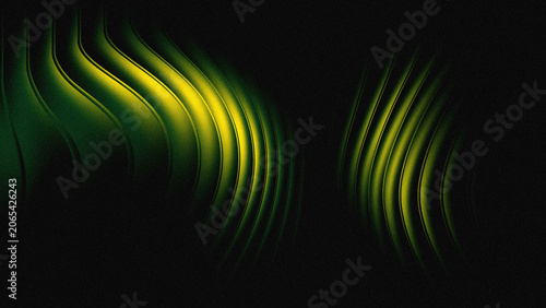 Futuristic dark background with wavy green neon light stripes and grainy noise texture
