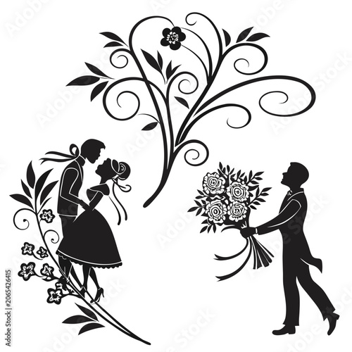 Fotografie Silhouette of a couple with flowers and decorative elements thought provoking si