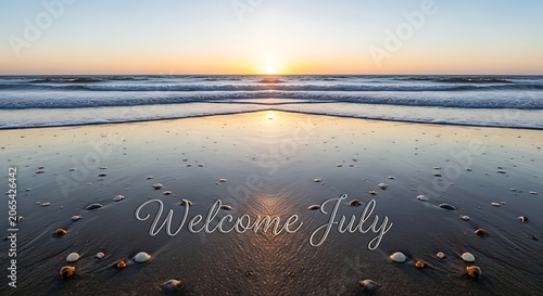 Golden hour beach scene with text welcome family.