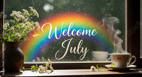 Celebratory July greeting with patriotic decorations and fireworks.