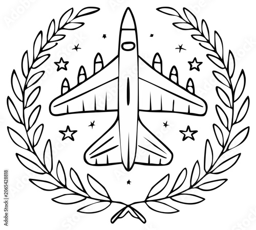 Military Aircraft Emblem Featuring Jet Plane Surrounded by Laurel Wreath and Stars