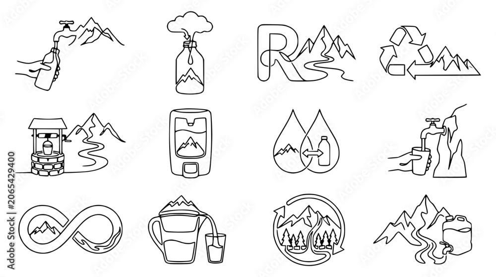 Obraz premium Clean Water Sustainability Icons: Mountains, Recycling, Drops, Faucet, Well, Infinity