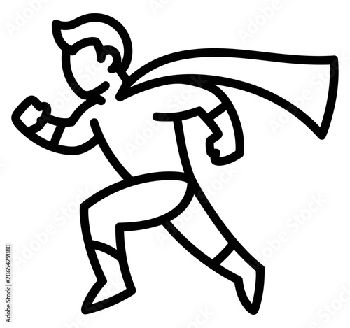 Superhero running with cape vector outline icon for comic book and hero character design