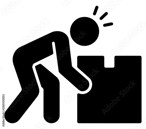 Worker lifting a heavy cardboard box vector icon representing manual labor and logistics