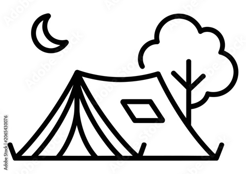 Camping tent with moon and tree line art vector icon for outdoor adventure and travel