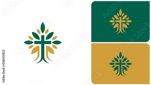Foto Christian Church Logo with Cross Tree and Leaves, Elegant Faith Vector Emblem