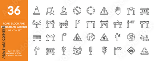 Road block and pedestrian barrier line icon set, vector illustration