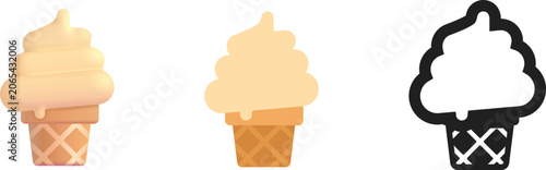 Soft Serve Ice Cream Cone Gradient, Flat, Outline Icons. Kids Summer, Birthday Party, Frozen Dessert Illustration. Mobile App Interface. Web Design, Children Ice Cream Parlor, Shop Menu Food Templates