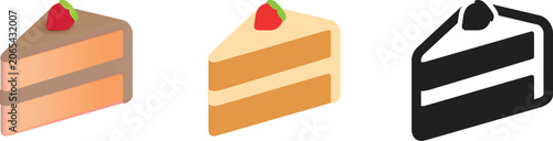 Shortcake Slice Icons Gradient, Flat, Outline Set. Kids Birthday, Strawberry Dessert Graphics. Pastry 1Illustration, Mobile App Interface, Web Design Elements, Children Bakery, Cafe Menu Templates UI