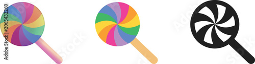 Lollipop Icons Set with Gradient, Flat, and Outline. Kids Candy Design, Rainbow Swirl Graphics, Sweet Treat Illustration. Mobile App Interface, Web Design, Children's Bakery Menu Templates, Food Icon 