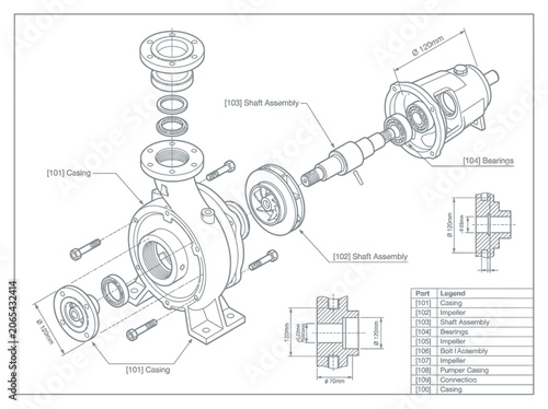 Quadro su tela Technical Drawing of Industrial Pump Exploded View Schematic
