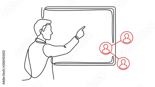 Man pointing at a screen with connected people icons on right side one line art style .eps