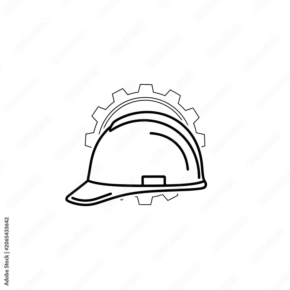 Fototapeta premium Industrial safety helmet and gear wheel outline icon