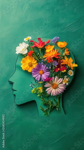 Mental Health Human Profile Open Mind Blooming Flowers Green Background