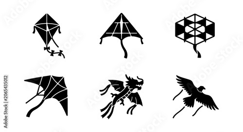 Foto Diverse Kite Collection, Black Vector Icons Set, Traditional and Modern Designs