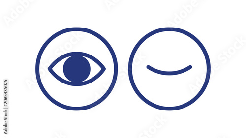 Simple dark blue line icons of an open eye and a closed eye within circular frames