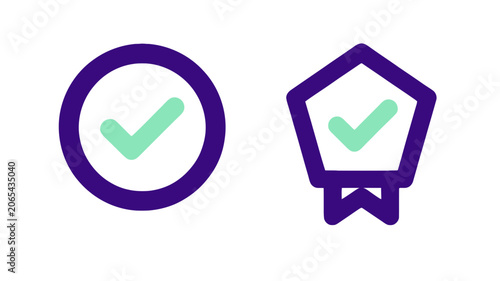 Verified checkmark icons in a circle and a badge shape with purple and mint green colors