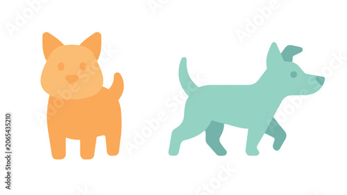 Flat vector illustration of two cute stylized dogs in orange and teal colors on white background