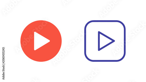 Set of media play button icons including a red circular button and blue square outline button