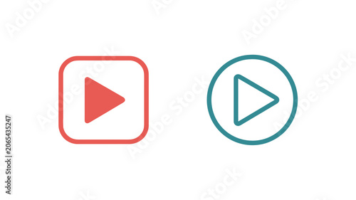 Vector set of media play button icons in red square and teal circle for video interfaces