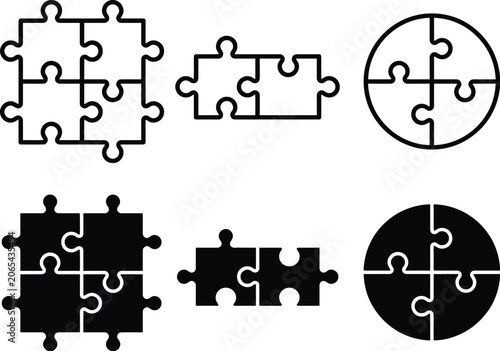Black silhouette puzzle pieces set vector illustration for games and design