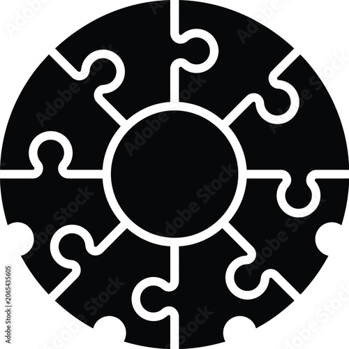 Black silhouette of interconnected puzzle pieces in a circle
