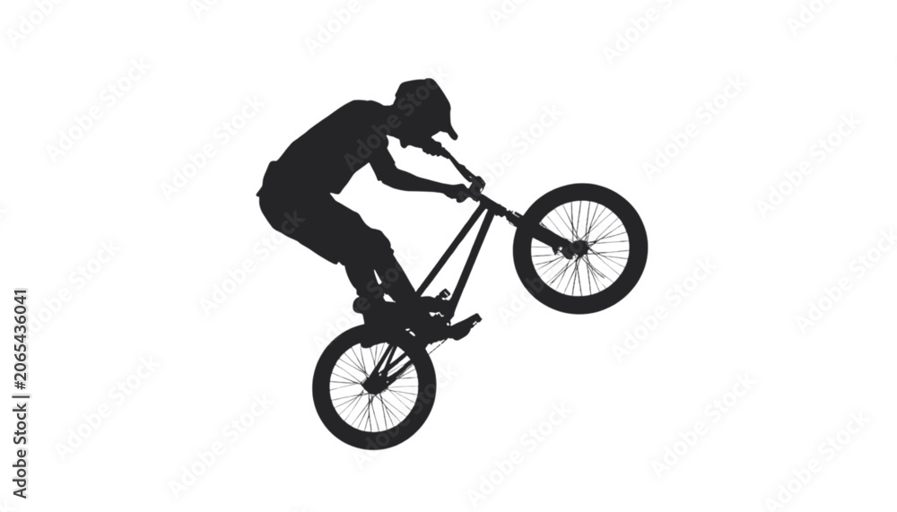 Naklejka premium Bmx rider performs a trick while balancing the bicycle on the rear wheel in an urban skate park area.
