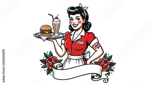 A retro vector illustration of a smiling waitress carrying a burger and milkshake on tray
