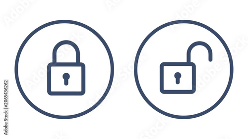 Set of security icons featuring locked and unlocked padlocks inside circular frames for privacy
