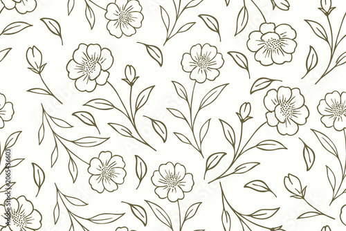 Minimalist seamless floral line art pattern featuring delicate wildflowers, buds, and flowing leaves on a soft neutral background, ideal for decor.