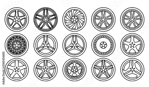 Photos Automotive wheel vector icons with alloy rim and sport wheel outline symbols