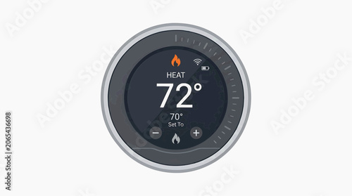 Smart Thermostat Control: A modern smart thermostat displays the current room temperature, heating status, and connectivity icons.