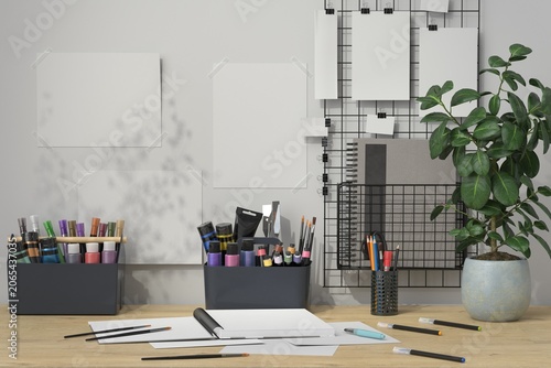 Creative Artist Workspace Mockup with Painting Supplies and Blank Posters