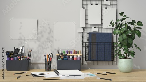Creative Artist Workspace Mockup with Painting Supplies and Blank Posters