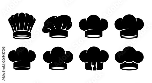 Принти на полотні Chef hat silhouettes set, 8 black kitchen toque icons for restaurant branding, p