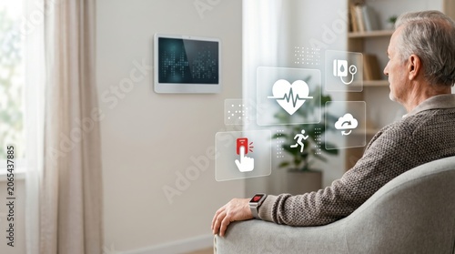 Senior man monitoring health vitals and emergency alerts on smart home wall panel, telemedicine concept, elderly care technology