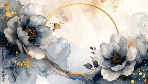 Elegant floral design with gold accents and abstract shapes