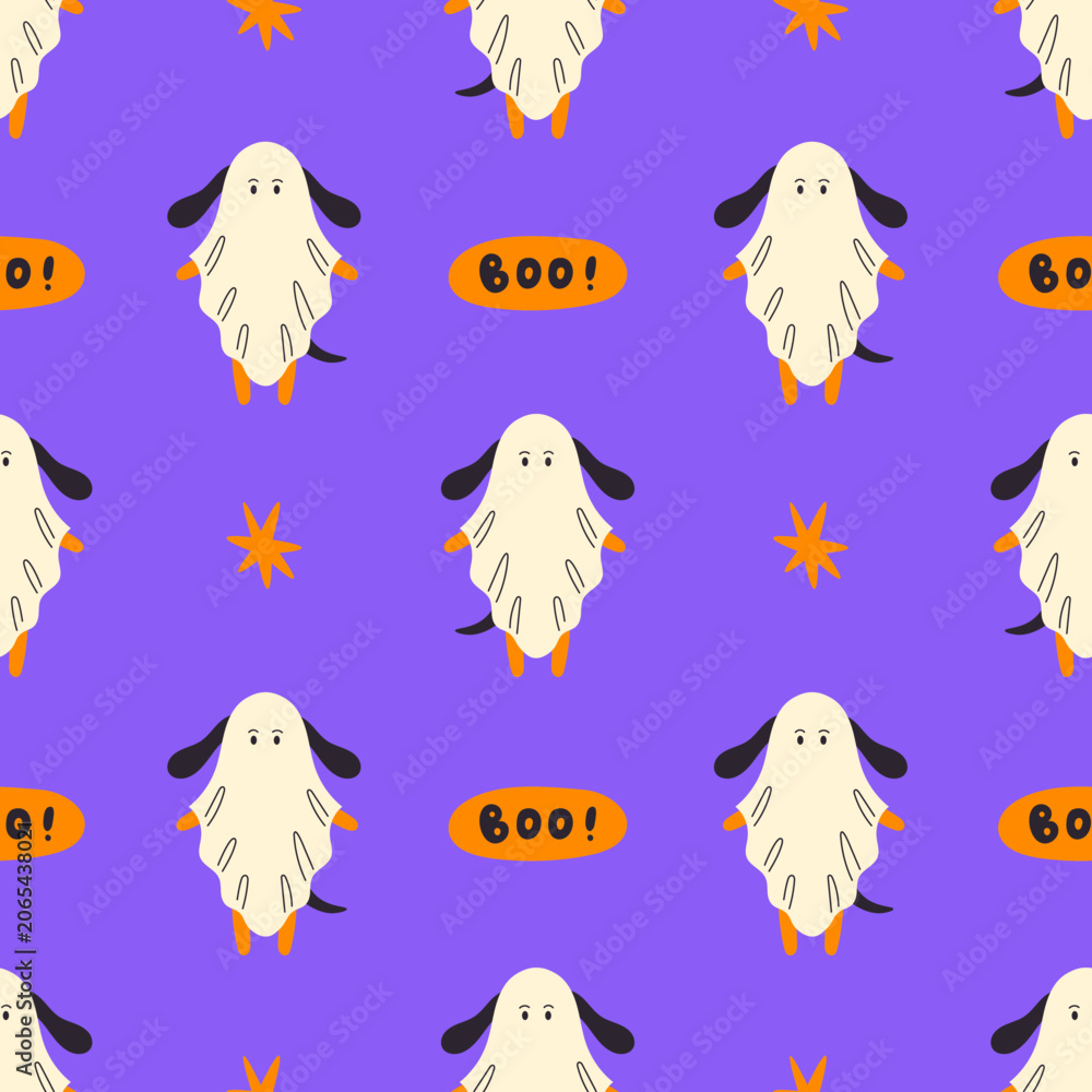 Obraz premium Dog Ghost Halloween Seamless Pattern. Colorful hand drawn Spooky Doggy Background with Puppy specter Boo text and Star shapes. Vector illustration