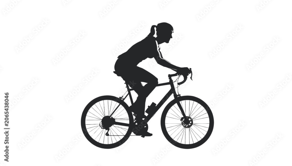 Obraz premium Cyclist rides a racing bicycle forward in a minimalist black silhouette isolated on white background.