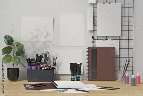 Minimal Creative Studio Workspace Mockup with Art Supplies and Blank Poster Templates