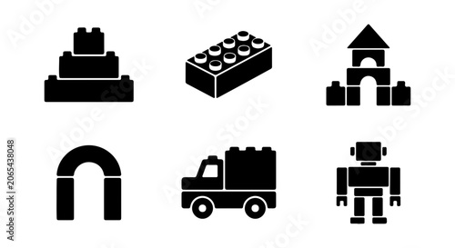 Building Blocks Icons, Construction Toy Set, Kids Play Elements, Simple Vector Graphics