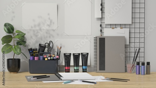 Minimal Creative Studio Workspace Mockup with Art Supplies and Blank Poster Templates